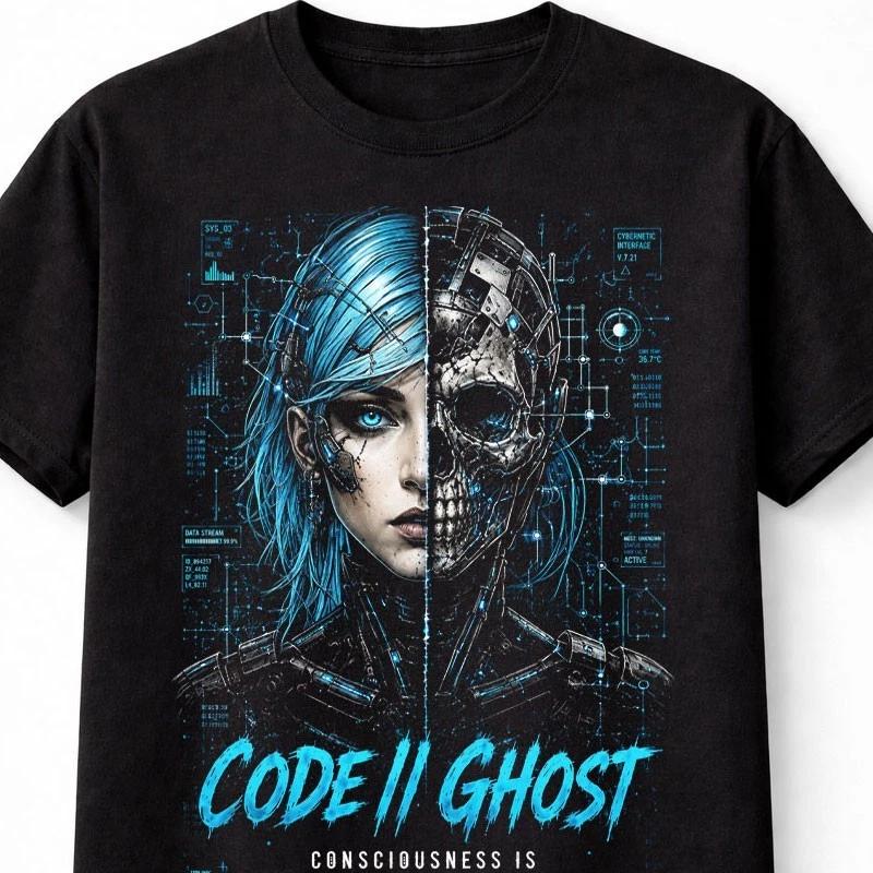 Code Ghost Cyberpunk Cyborg Skeleton Tech Art Unisex TShirt S