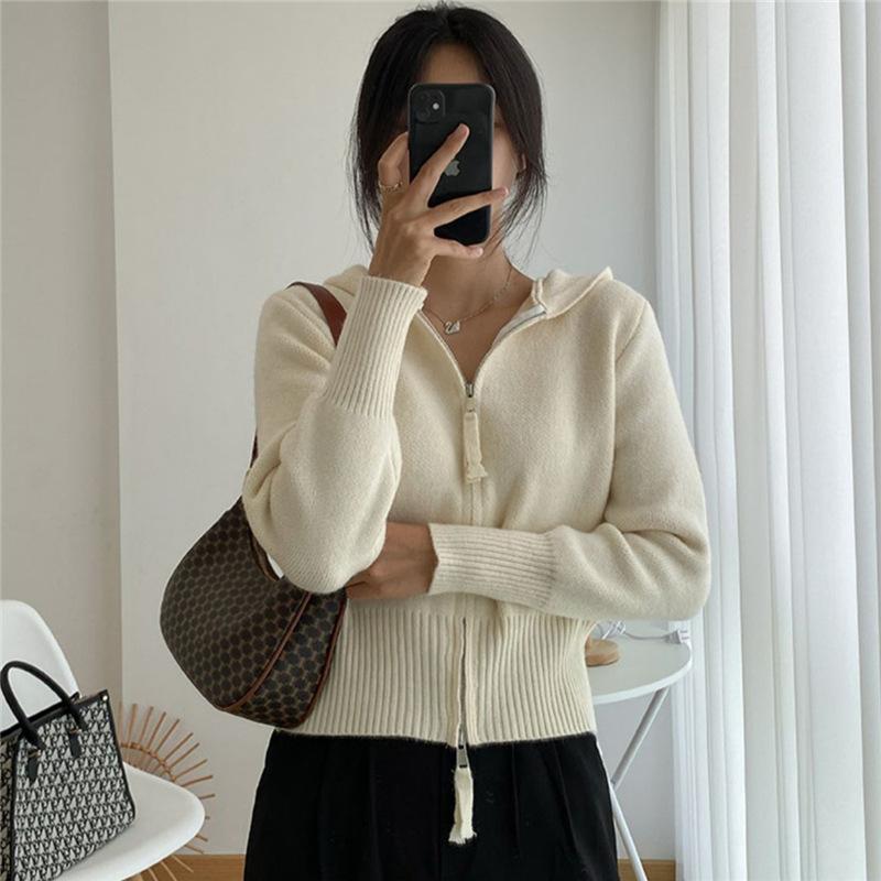 

Однотонный вязаный кардиган на молнии для женщин, весна-осень, модный короткий свитер с капюшоном, куртка, удобная, универсальная и модная One Size бежевый