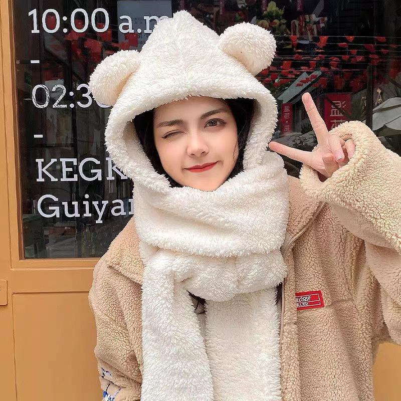 Cute Bear Ear Hat Scarf Gloves Set Thicken Women Beanies Caps Winter Warm Windproof Ear Protection Hat