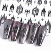 7/8pcs 3D Gothic Black Halloween Nail Stickers Cool Design Alphabet Letter Lace Castle Skull Y2K Manicure Decoration Accessories