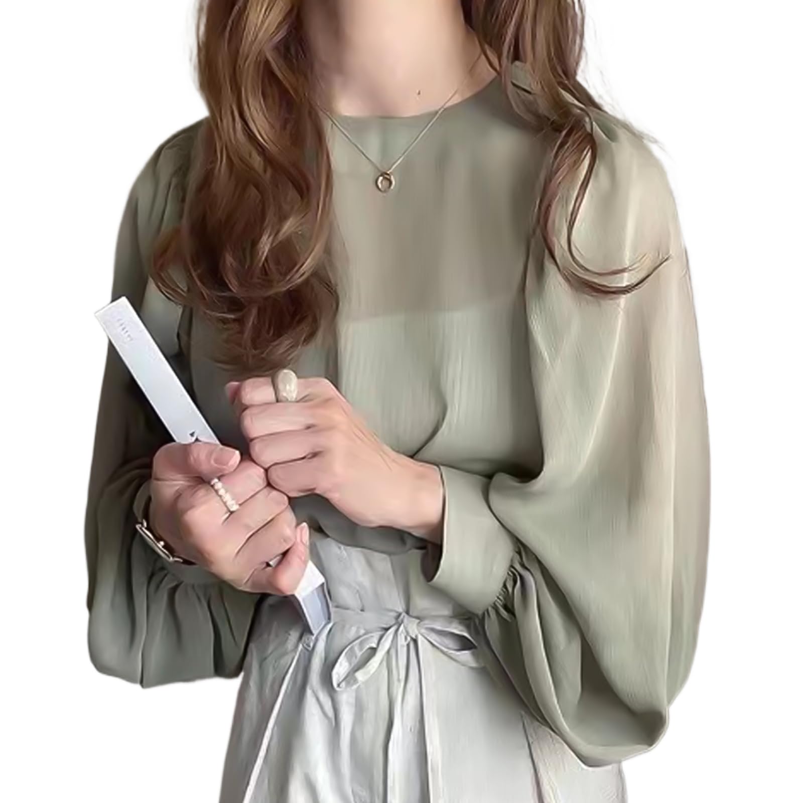 

Блузка Топ с длинным рукавом Шифон Пуловер Прозрачный Круглый вырез Рукав-фонарик Многослойный Защита от кондиционера Защита от солнца Дышащий Тонкий Свободный крой