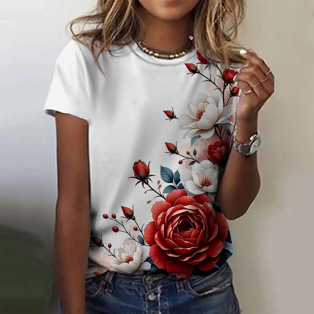 2025 New Summer Temperament Women's Floral Blue Printed Women's T-shirt Round Neck Short Sleeve Street Casual Daily Basic Tops