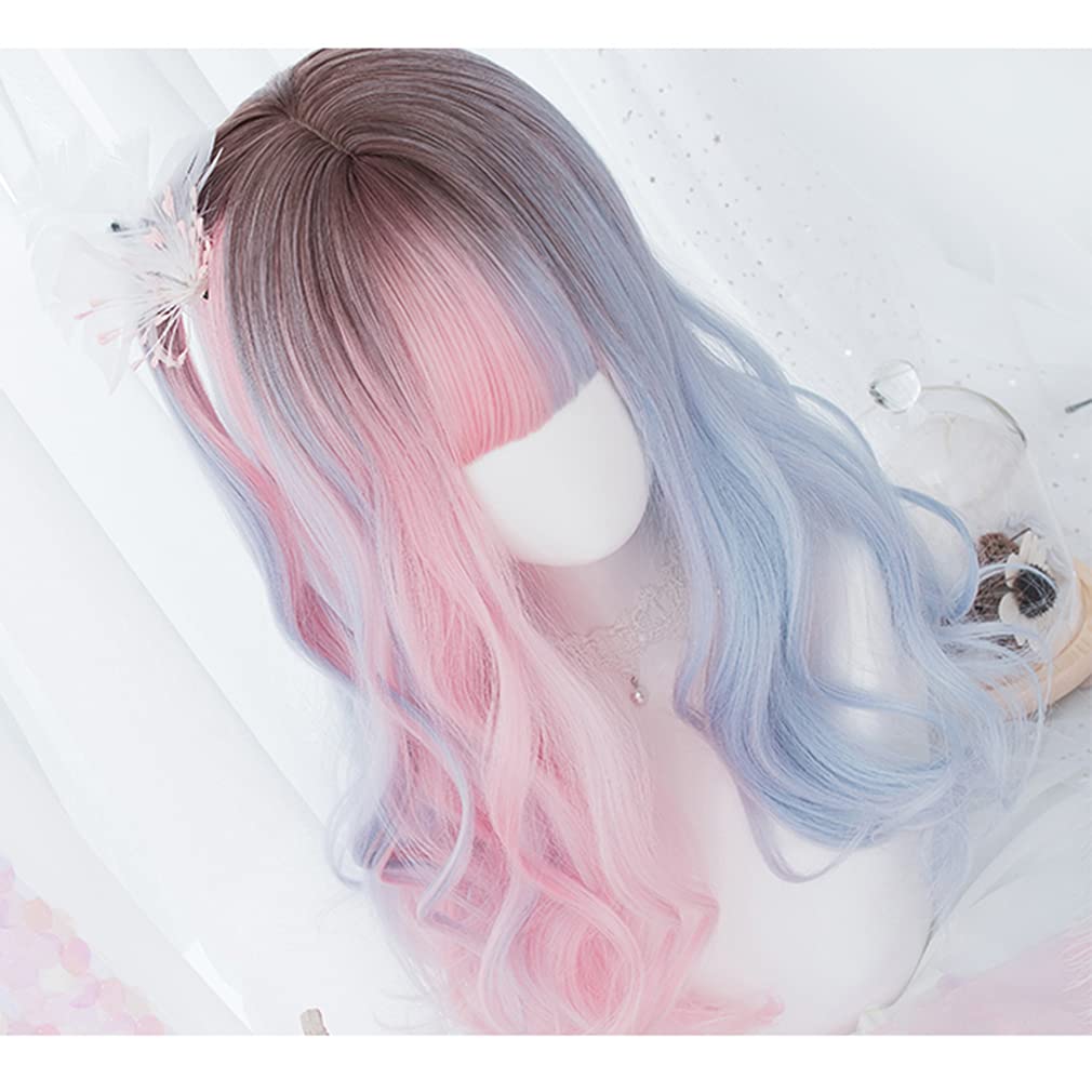 Harajuku Style Lolita Wig, Long Curly Two-Tone Wig (Blue & Pink), Heat-Resistant Cosplay Wig for GAL, Gothic Lolita, Party, Daily Wear, 54cm