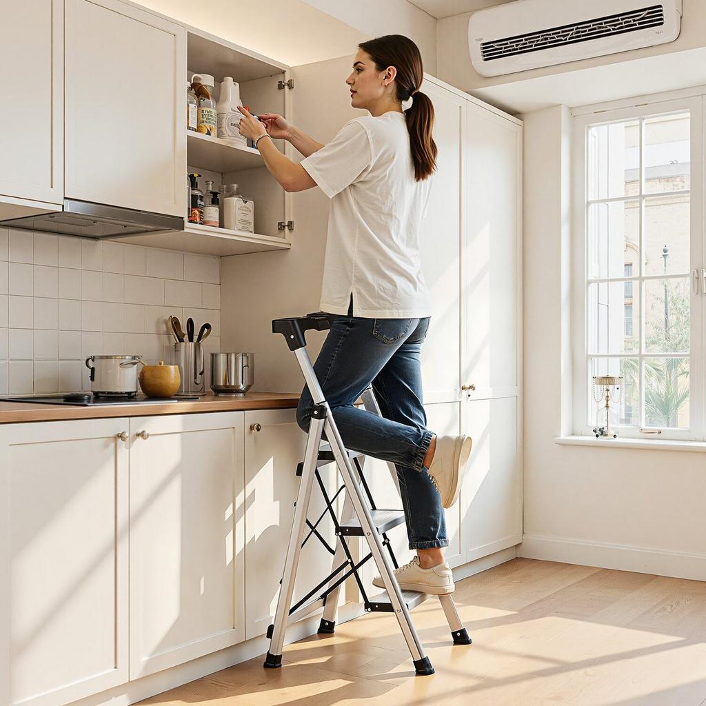 3 Step Ladder, Folding Step Stool with Wide Anti-Slip Pedal and Comfort Handgrip, 150 kg Capacity Portable Aluminum Stepladder, Multi-Use for Kitchen,