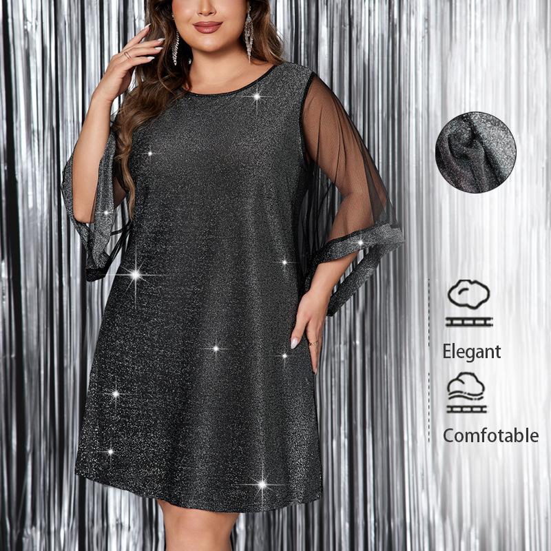 Plus Size Women Sequined Round Neck Loose Long Sleeve Solid Casual Office Dress