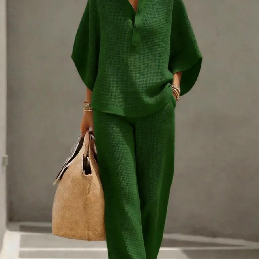 2026 European and American Cross-border Women's Clothing Casual Loose Breathable Solid Color Button-up Shirt Top Wide-leg Pants Set Summer