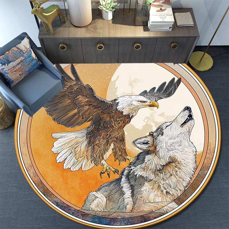 Eagle Wolf Round Area Rug,Carpet Rug for Living Room Bedroom Sofa Playroom Decor,Non-slip Floor Mat