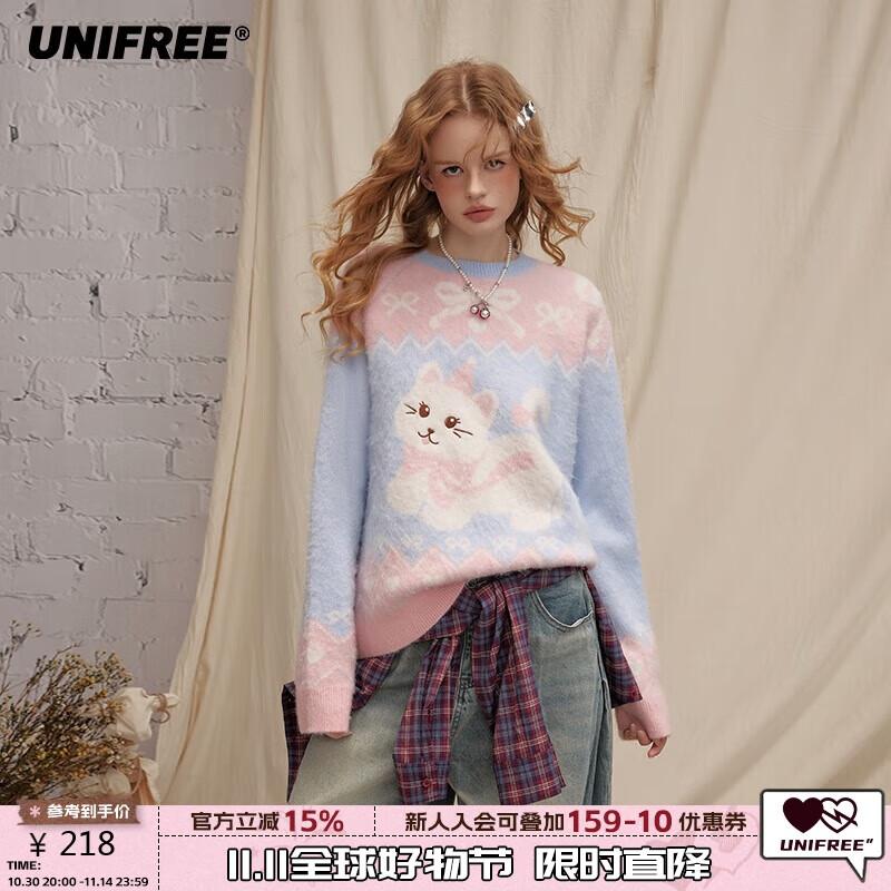 

UNIFREE Fair Isle Cat Jacquard Crew Neck Sweater L
