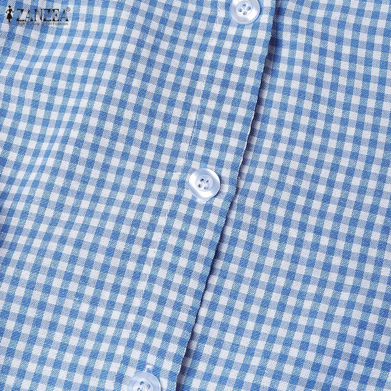 ZANZEA Blouse Décontractée Femme à Volants et Manches Longues à Carreaux