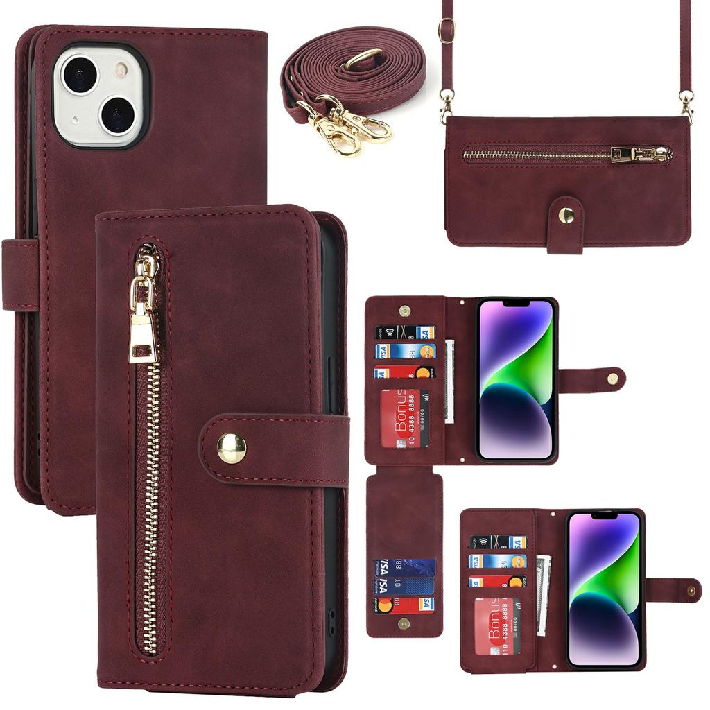 For iPhone 15 Stand Case PU Leather Phone Cover with Straps/Zipper Wallet/Multiple Card Slots