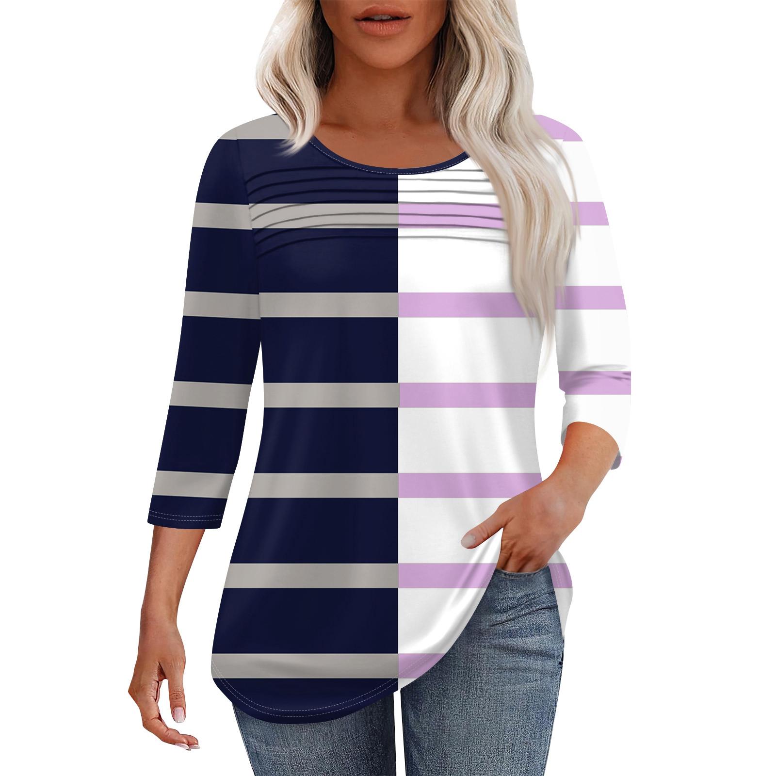 

Женская мода круглый вырез шея плиссированная передняя планка однотонный топ рукав 3/4 XL