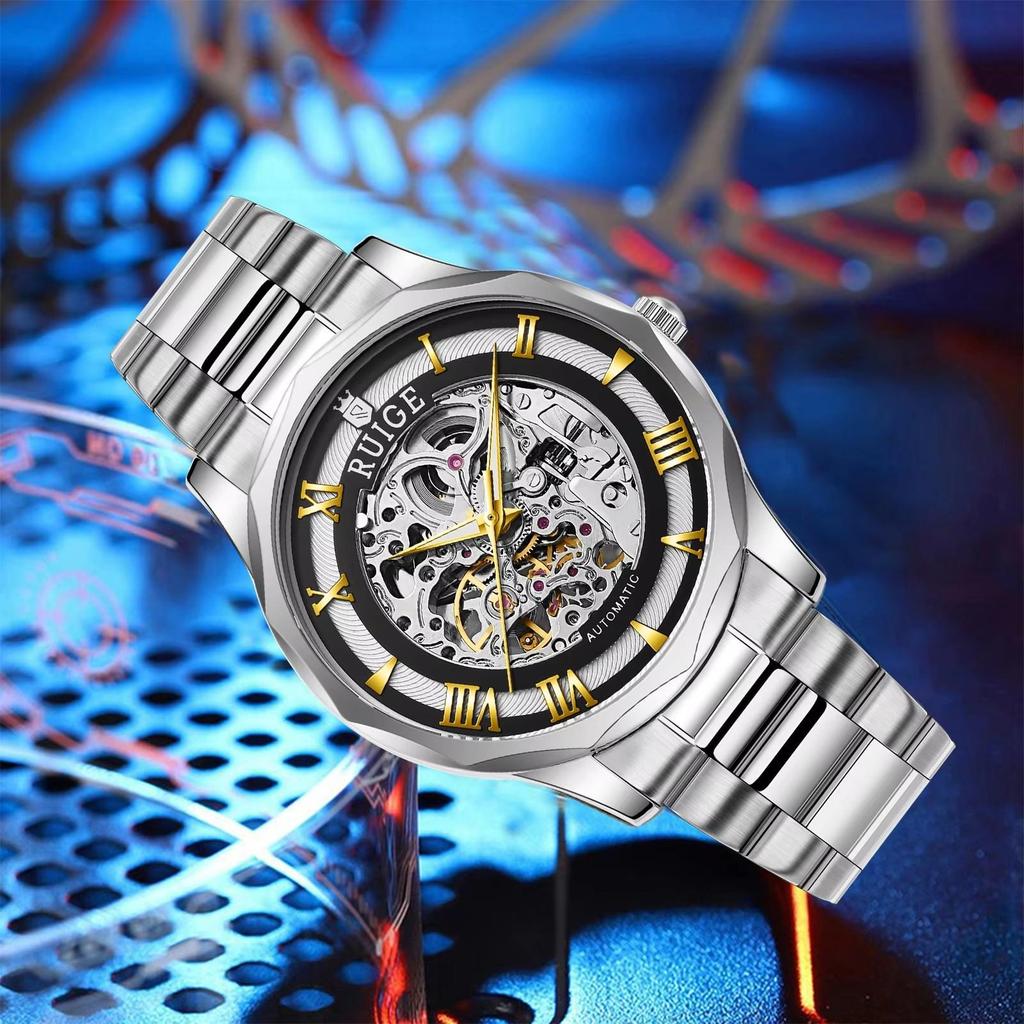 Hollowed Out Men's Fully Automatic Mechanical Watch Stainless Steel Men's Fashionable Waterproof Luminous Trendy Watch