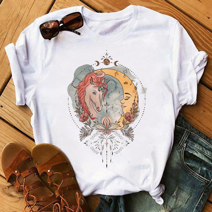 European Moon Print Women's Harajuku Kawaii T-Shirt - Short Sleeve Summer Style