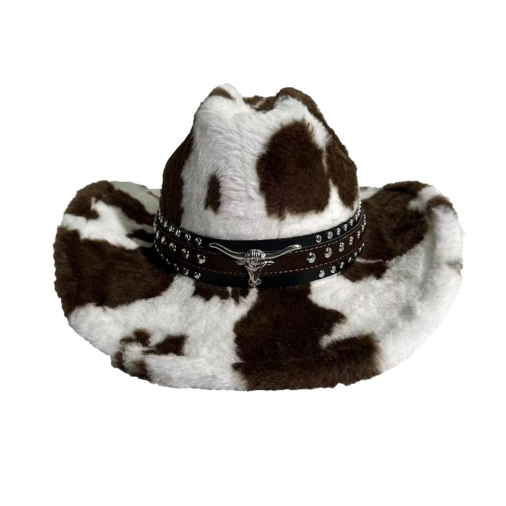 Autumn and Winter New Cow Pattern Western Cowboy Hat Fashion Plush Thickened Warm Bucket Hat Women's Popular Top Hat