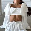 women's Ruffle Lace Trim Square Neck Cropped Top Long Puff Sleeve Tie Back Blouse Shirt