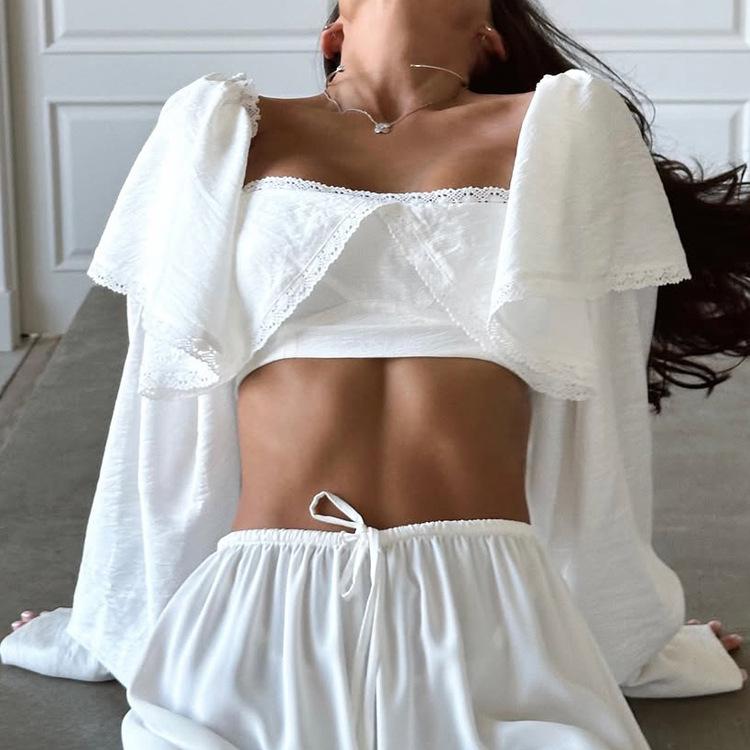women's Ruffle Lace Trim Square Neck Cropped Top Long Puff Sleeve Tie Back Blouse Shirt