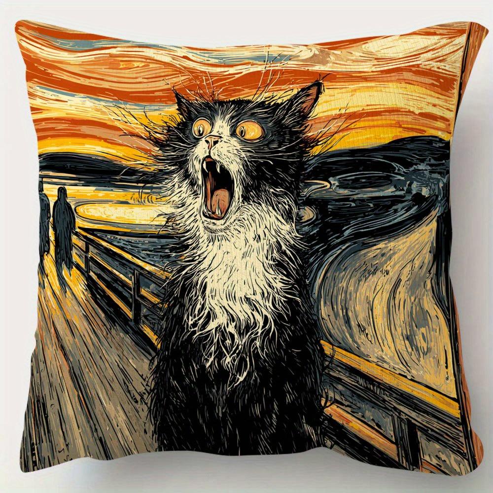 Schreiende Katze Kunst Kissenbezug Lustiger Edvard Munch Inspiriertes Parodie Druck Niedliche Kätzchen Kissenhülle Für Sofa Bett Couch Heimdekoration