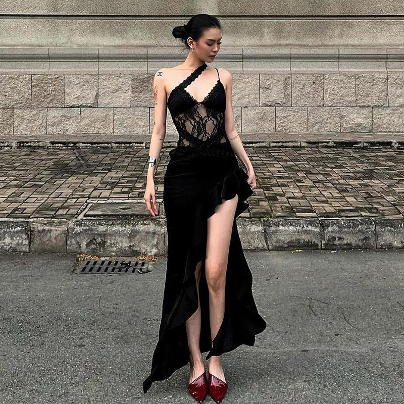 Sexy Schrägkragen-Trägerkleid Damen Spitze Patchwork Rückenfrei Ärmellos Slim Lange Kleider 2025 Neu Damen Rüschen Schlitz Partykleid