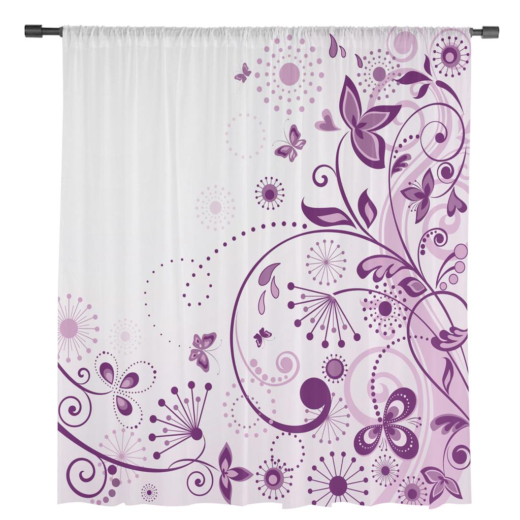 Flowers Butterfly Branches Purple White Tulle Window Treatment Sheer Curtains for Living Room the Bedroom Curtains Decoration