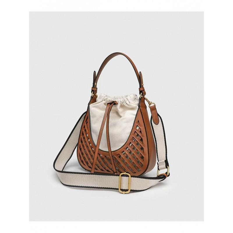Cross-border Women's Bag 2024 New Brown One-shoulder Portable Bucket Retro Knitted Handbag Cross-body