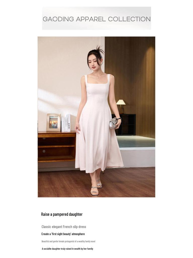 Elegant French Style Acetate Crinkled Strappy Long Dress for Mature Women