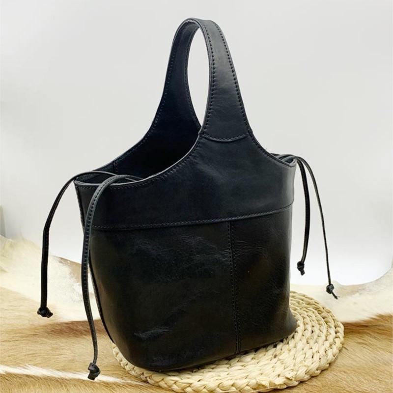 Johnature Genuine Leather Retro Bucket Bag Commuter Large Capacity Soft Cowhide Solid Color Women's Shoulder Bag