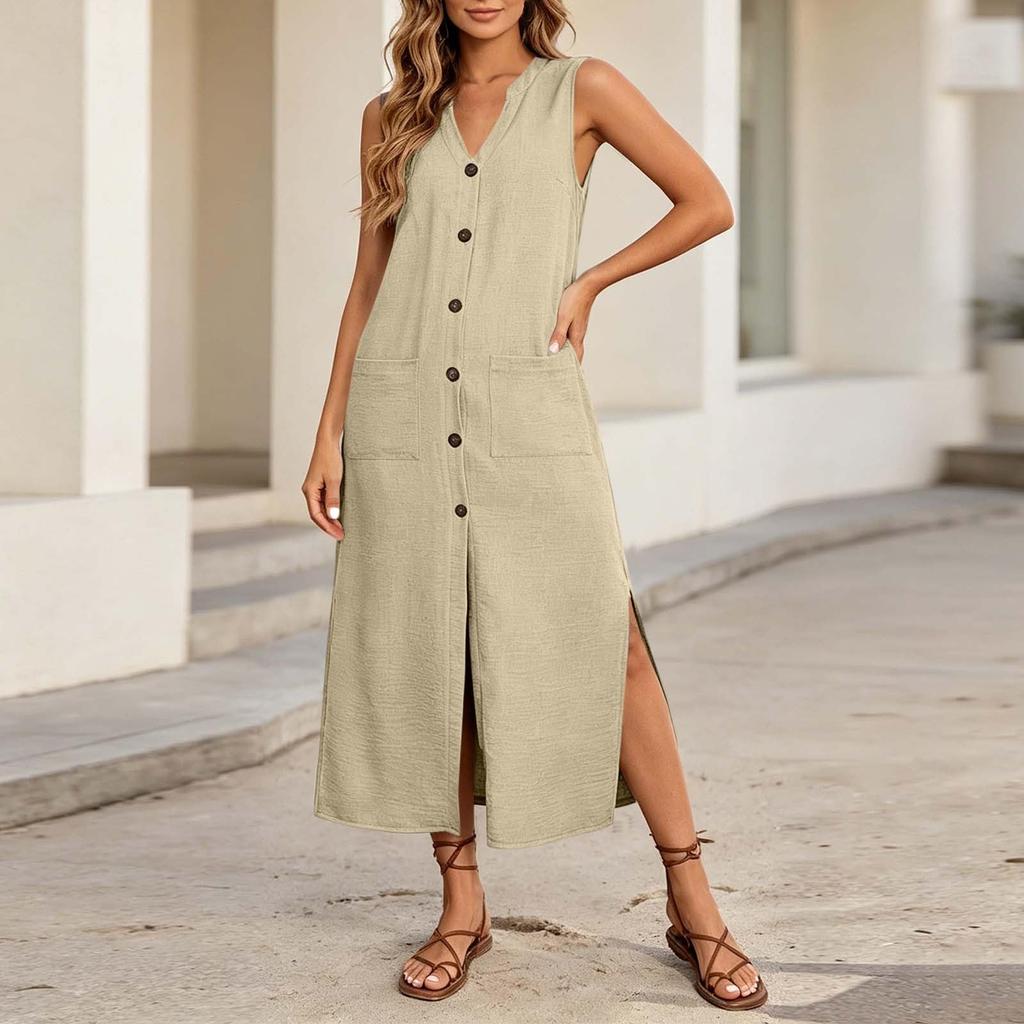 Sleeveless Button Front V Neck Long Casual Dress with Side Slits and Patch Pockets for Women Summer Everyday Wear