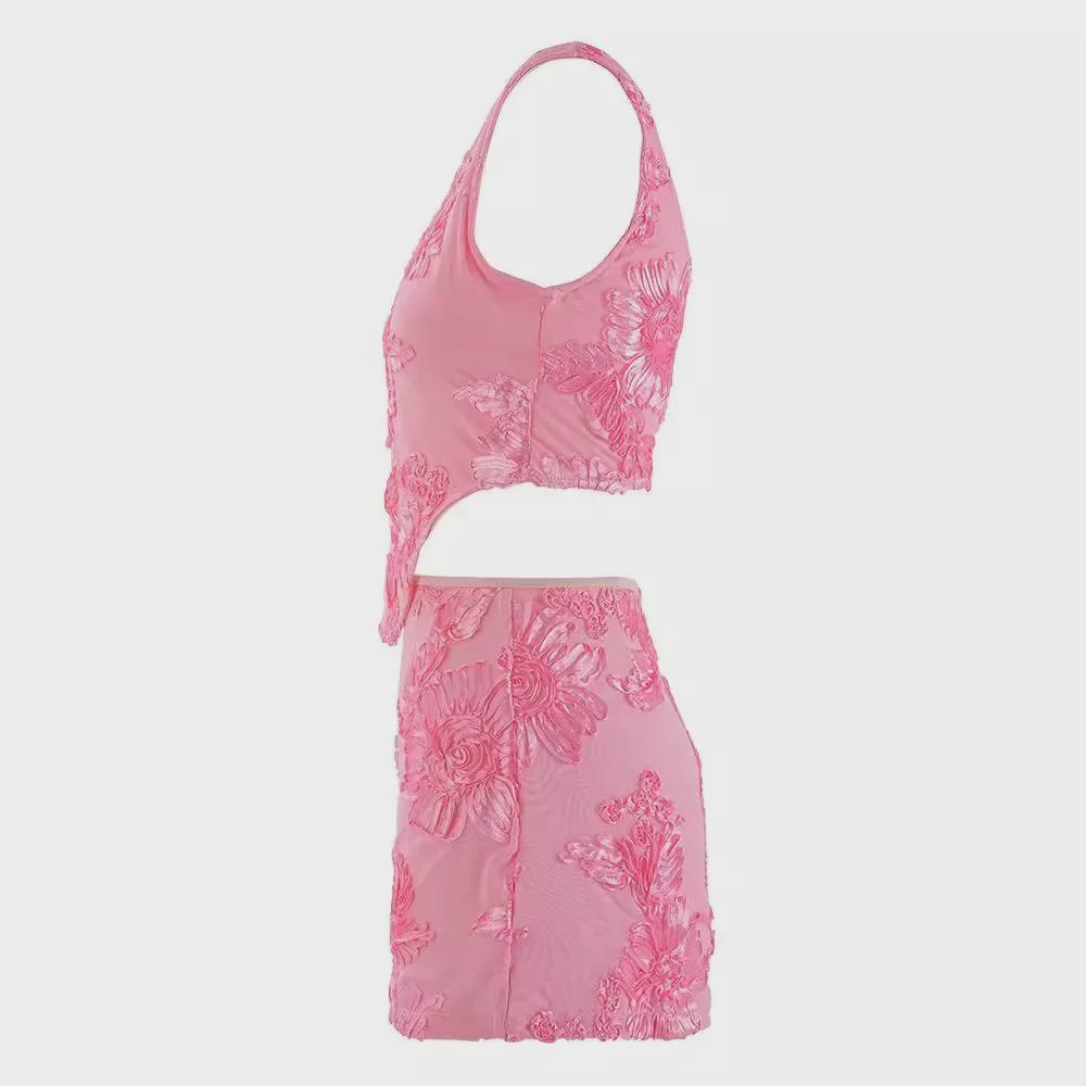 "European & American 3D Embroidered Floral Pink Camisole Skirt Set"