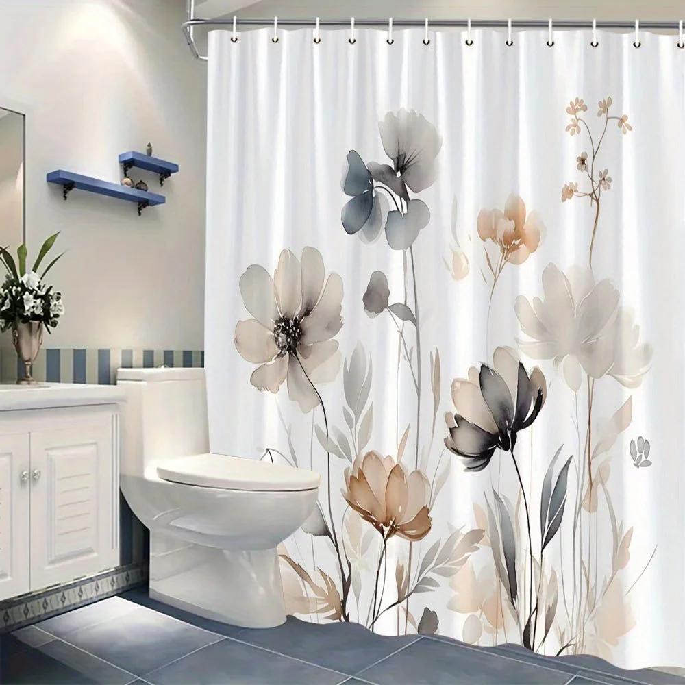 Pastel Buket Beige Bruseforhæng Blød Grå Digital Akvarel Design Polyester Vaskbar med 12 Kroge Elegant Badeværelsesindretning