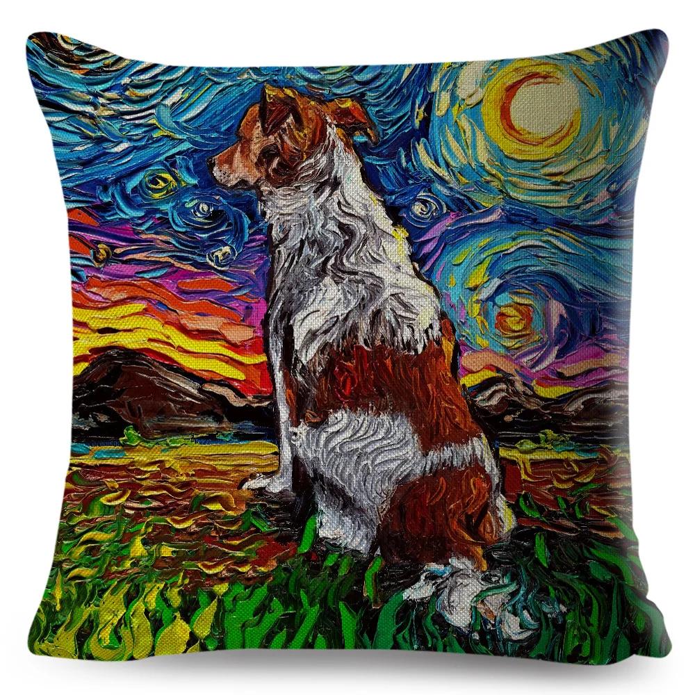 Both Sided Starry Sky Dog Cushion Cover Decor Oil Painting Cartoon Pet Animal Pillow Case for Sofa Home  Linen Pillowcase