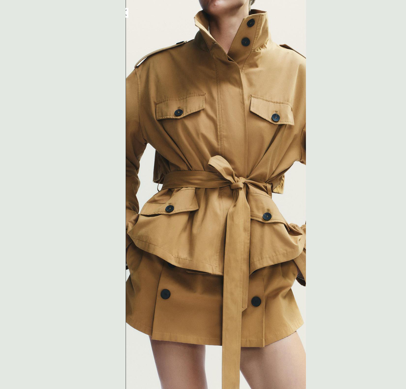 

Тренч в испанском стиле свободного кроя на шнуровке с деталью кармана и воротником-стойкой XS-S грязно-белый