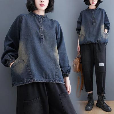 Moletom Jeans Feminino Solto Retro Literário de Primavera com Cordão na Barra
