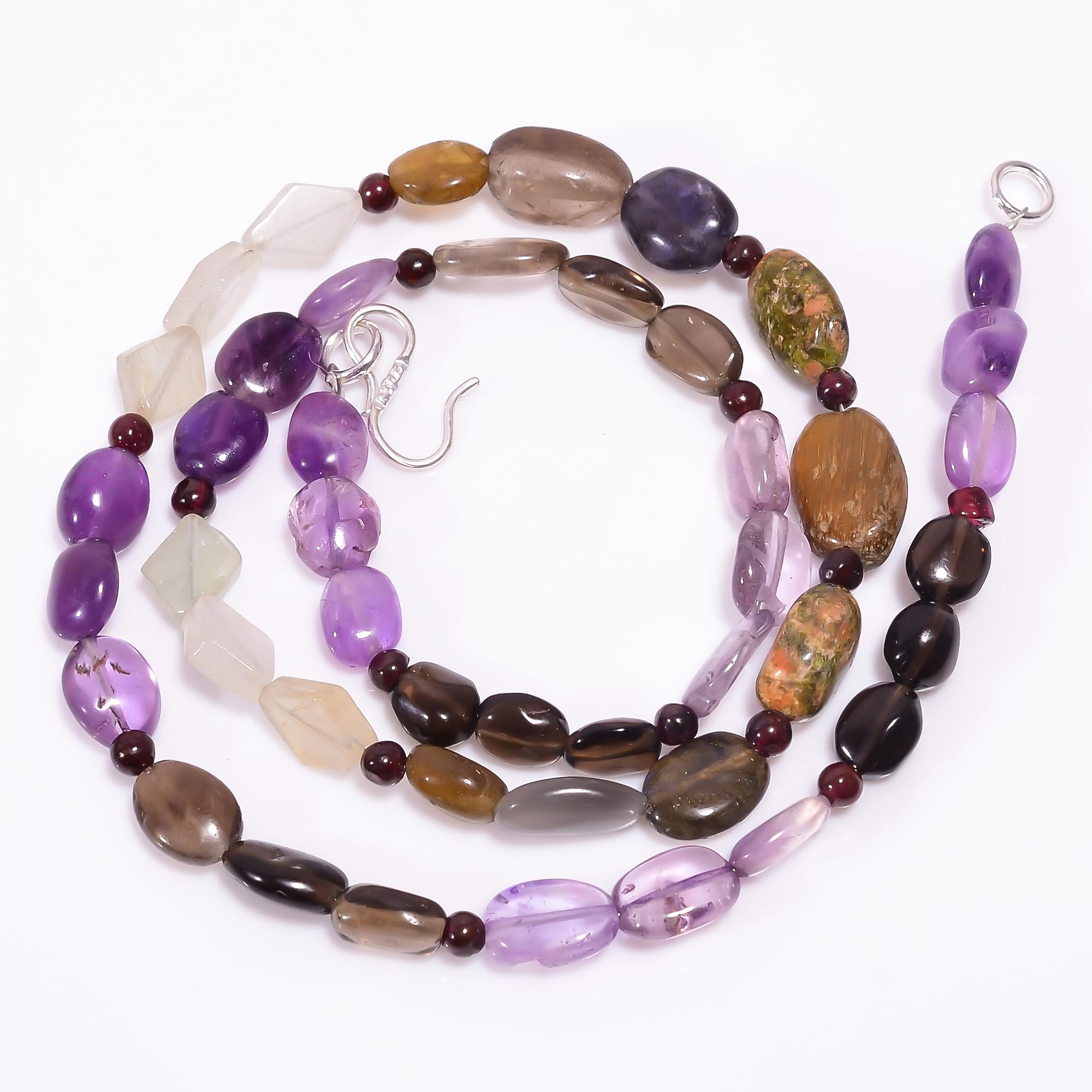 

Natural Smoky Quartz Amethyst Unakite Gemstone Beads Necklace 3-6 mm 18 UB-7987 UB-7987