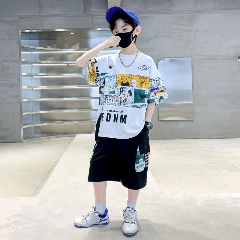 

Summer Boys Shorts & Short Sleeved T-Shirt Set with Cartoon Print Round Neck Two-Piece for Kids 120 белый