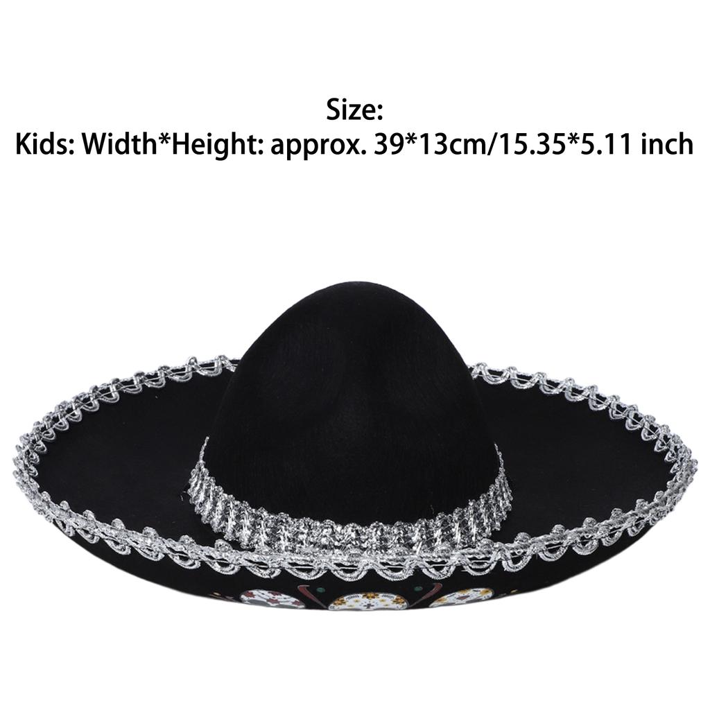 Corned Mexican Hat with Skull Design & Metallic Braid, Wide Brim Festival Accessory for Halloween Carnival Themed Parties