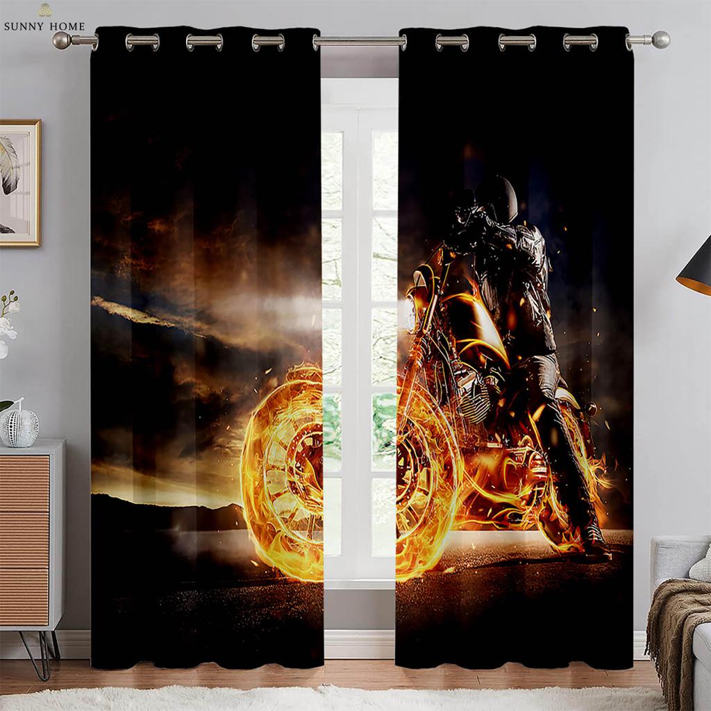 Cool Motorcycle 3D Printed Curtains 100% Polyester Bedroom Living Room Kitchen Club Window Decoration Curtains 2pcs