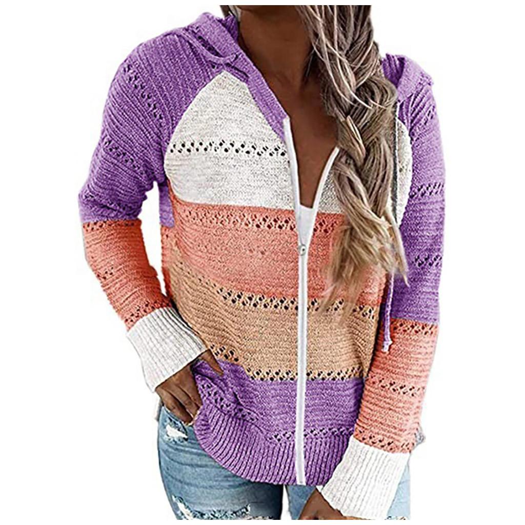 Fashion Women Casual Patchwork Long Sleeves Hooded Sweater Cardigan Blouse Tops