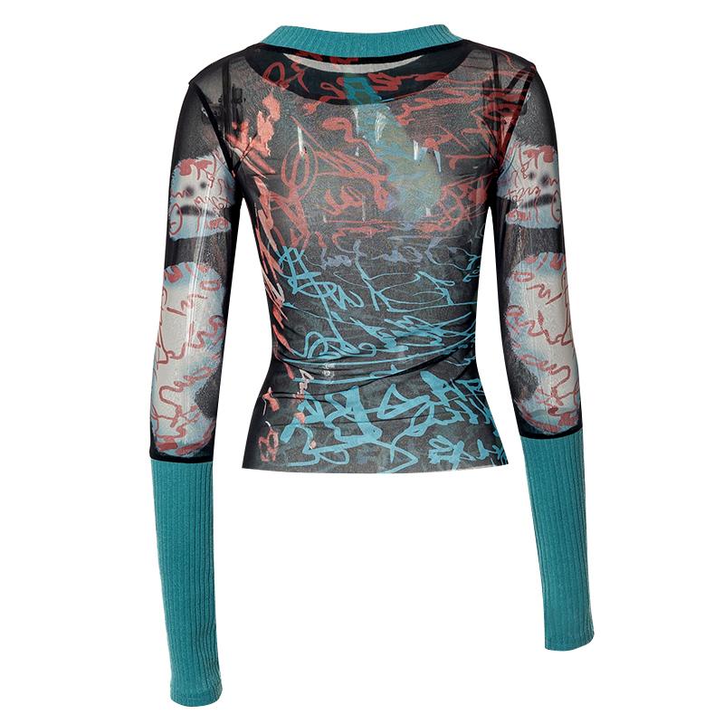 Y2K Sexy Dantelă Plasă Transparentă Tricouri Goth Imprimeu Grafic Mânecă Lungă Tricot Patchwork Topuri Vintage Femei Vară Streetwear