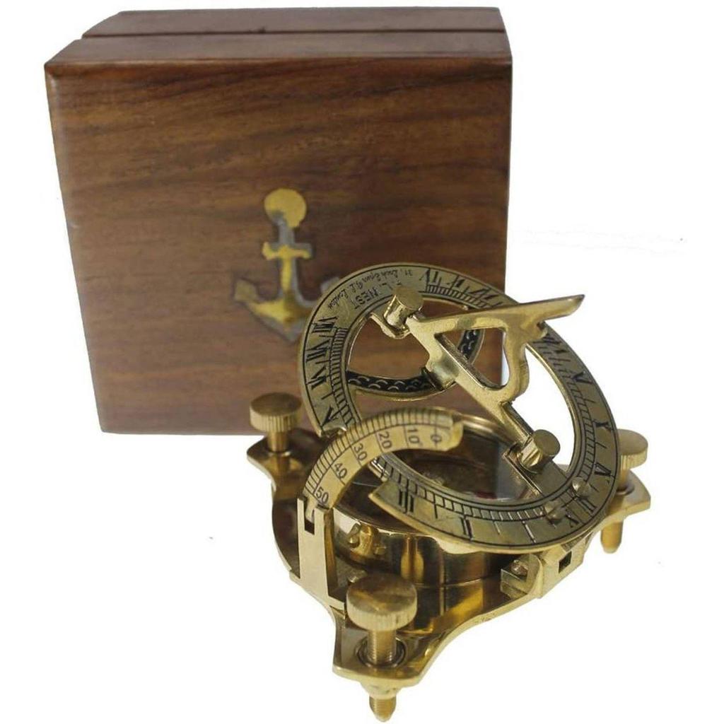 Brass Sundial Compass with Wooden Box Nautical Gift Compass  (Gold, Brown)