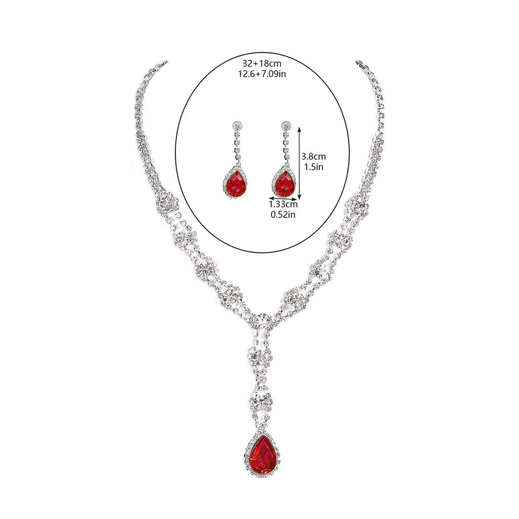 Black, Blue, Red and White High-level Sense of Super-flash Full of Diamonds Droplets Necklace Earrings Two-piece Bridal Jewelry Set