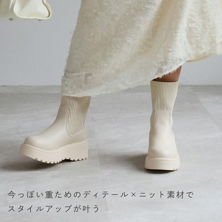 Vivian Women's Knit Boots, Platform Short, V6360AW, Beige, Size L (24.0-24.5)