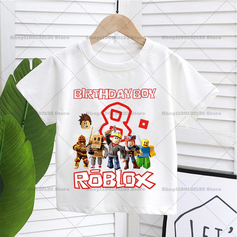 

Летняя футболка Roblox с цифрой на день рождения для мальчика и девочки, детская одежда, хлопковые футболки для малышей, праздничные топы с коротким рукавом, подарки для малышей 100