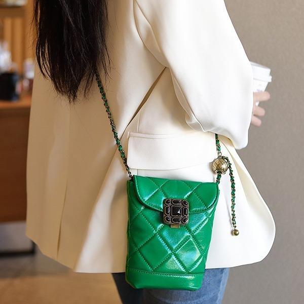 Fashion Leather Chain Mobile Phone Bag Xiaoxiang New Diamond Gem Small Gold Ball Single Shoulder Calfskin Women's Bag