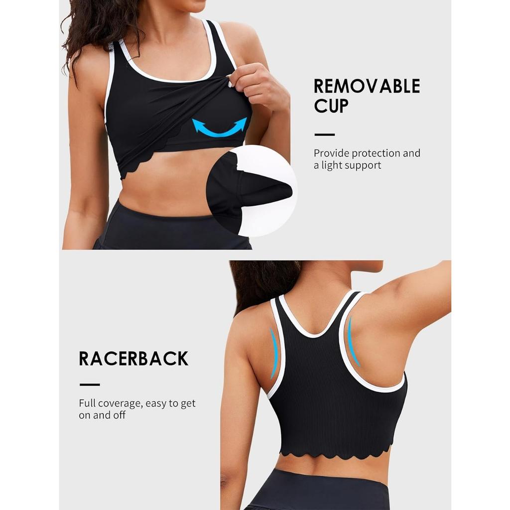 CHARMLEAKS Bikini Top per donna, scollo a barchetta, a coste, smerlato, costume da bagno imbottito, costume da bagno sportivo