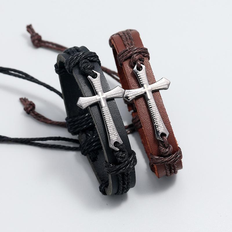 Retro Punk Metal Cross Bible Bracelet Hand Woven Cowhide Leather Adjustable Christian Unisex Jewelry Gift for Men Women