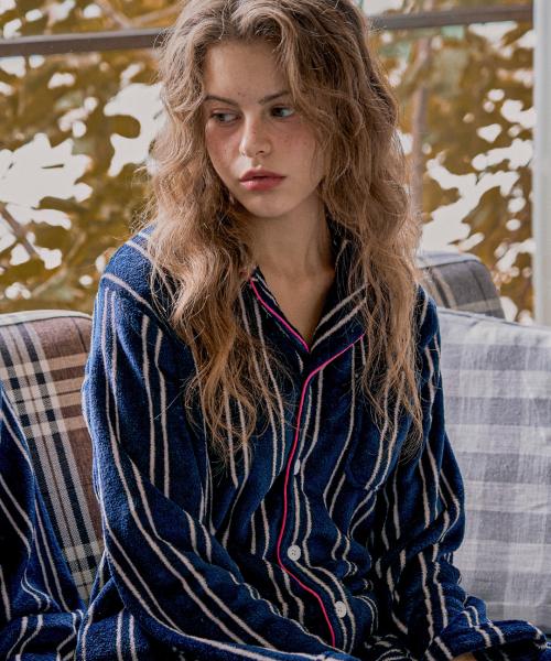 [Dossy] Пушистый Велюровый Ночной Комплект Пижам для Пары с Длинным Рукавом [Отправка из Кореи] 100% Оригинал Navy M