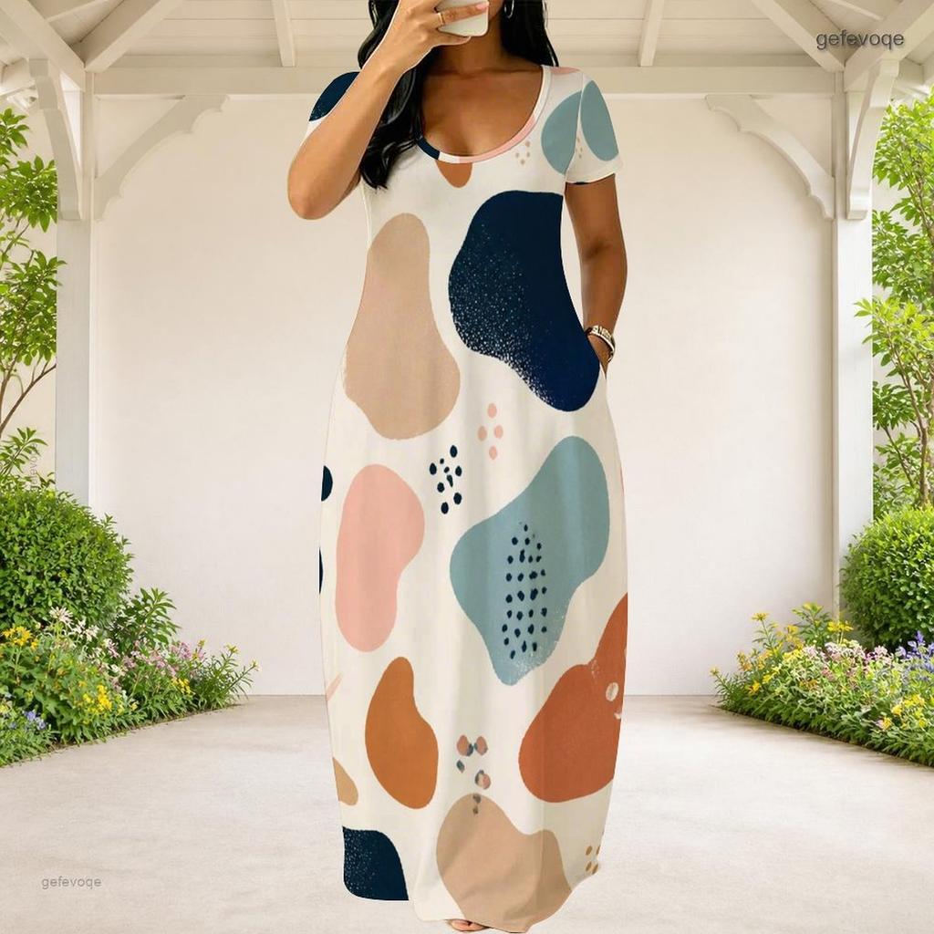 Women Plus Size Round Neck Short Sleeve Abstract Printed Loose Maxi Dress With Side Pockets