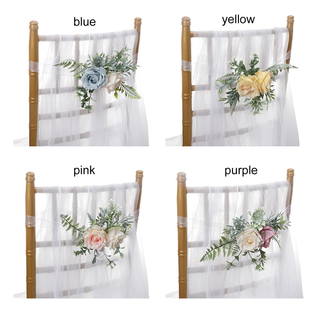 Wedding Chair Decoration Plastic Lifelike Rose Flower Chair Back Aisle Decoration 60cm Ribbon Purple