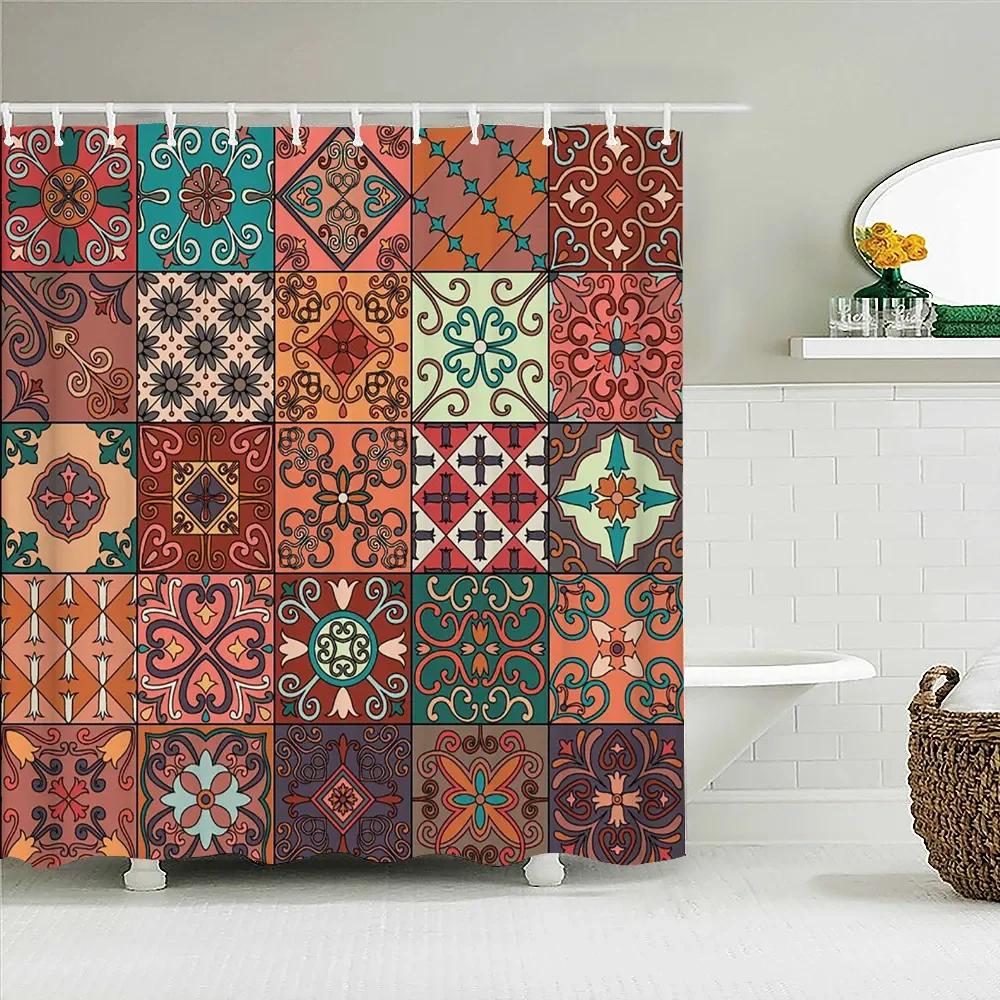 Bohemian 3D Shower Curtain, Indian Mandala Flower Green Blue Chic Color Modern Pattern Bathroom Fabric Home Decor Shower Curtain