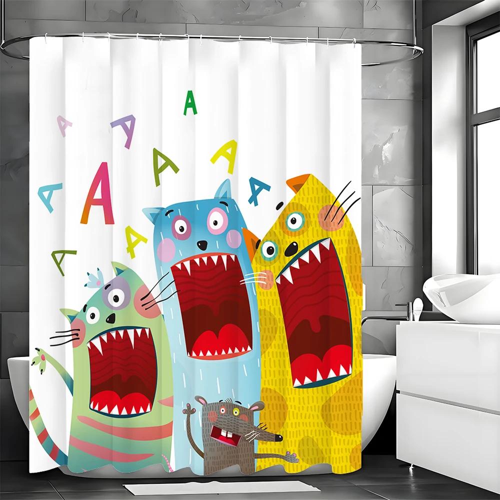 Bunter Monster-Duschvorhang für ein lustiges und verspieltes Badezimmer, mit skurrilen Zeichentrickfiguren mit breitem Grinsen und